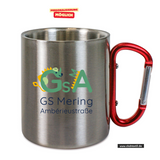 CT Edelstahl-Tasse mit Karabiner Trek - silber - Grundschule Amberieu Mering - Logo farbig
