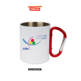 CT Edelstahl-Tasse mit Karabiner Trek - weiß - Lichtenstein-Rother-Grundschule Augsburg - Logo farbig