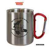CT Edelstahl-Tasse mit Karabiner Trek - silber - Oberschule Braunlage - Logo Schatten schwarz