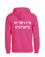 BASIC Hoody - Unisex - bright cerise - Druck beidseitig -  Koordinaten - St. Ursula Realschule Dorsten