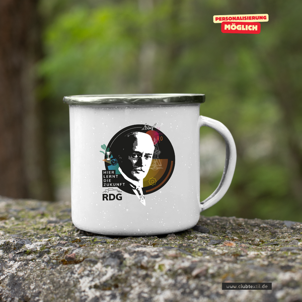 CT Emailletasse - weiß -  Rudolf Diesel Gymnasium Augsburg - Logo Kopf