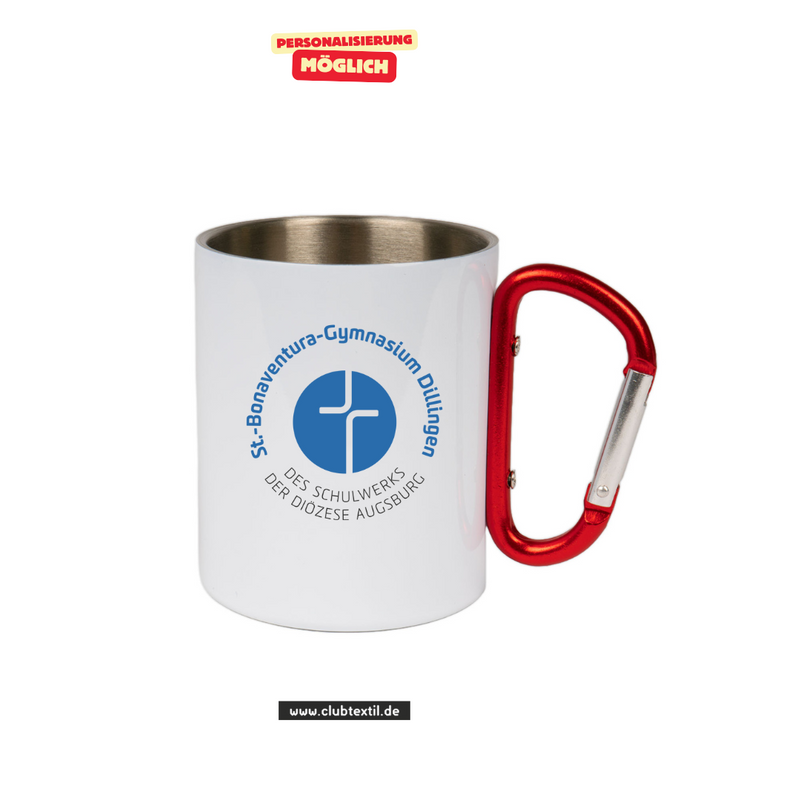 CT Edelstahl-Tasse mit Karabiner Trek - weiß - St.-Bonaventura-Gymnasium Dillingen - Logo farbig