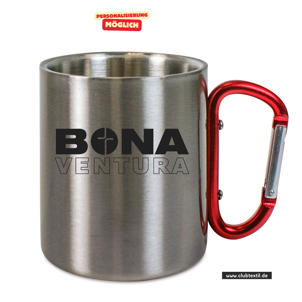 CT Edelstahl-Tasse mit Karabiner Trek - silber - St.-Bonaventura-Gymnasium Dillingen - Schriftzug schwarz