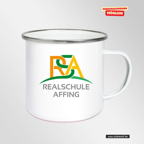 CT Emailletasse - weiß - Realschule Affing - Logo bunt