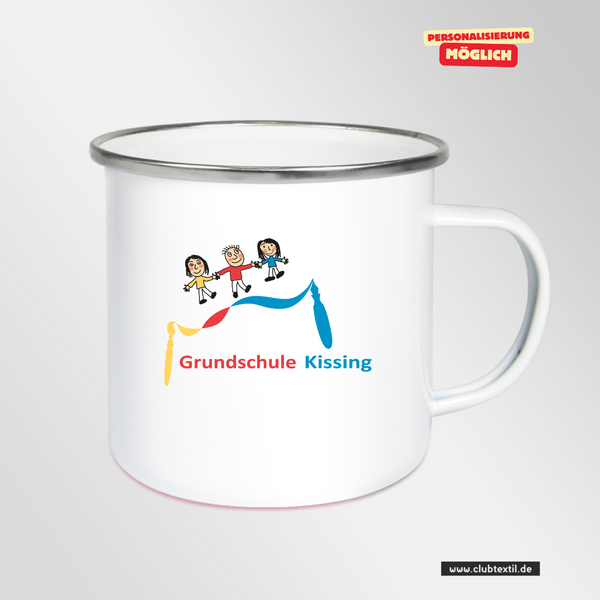 CT Emailletasse - weiß - Grundschule Kissing - Logo bunt
