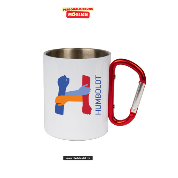 CT Edelstahl-Tasse mit Karabiner Trek - weiß - Humboldtschule Leipzig - Logo bunt