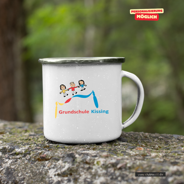 CT Emailletasse - weiß - Grundschule Kissing - Logo bunt