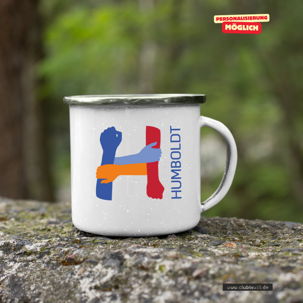 CT Emailletasse - weiß - Humboldtschule Leipzig - Logo bunt