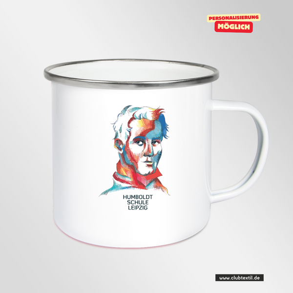 CT Emailletasse - weiß - Humboldtschule Leipzig - Illustration bunt