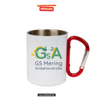 CT Edelstahl-Tasse mit Karabiner Trek - weiß - Grundschule Amberieu Mering - Logo farbig