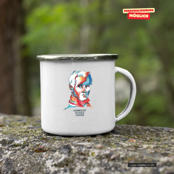CT Emailletasse - weiß - Humboldtschule Leipzig - Illustration bunt