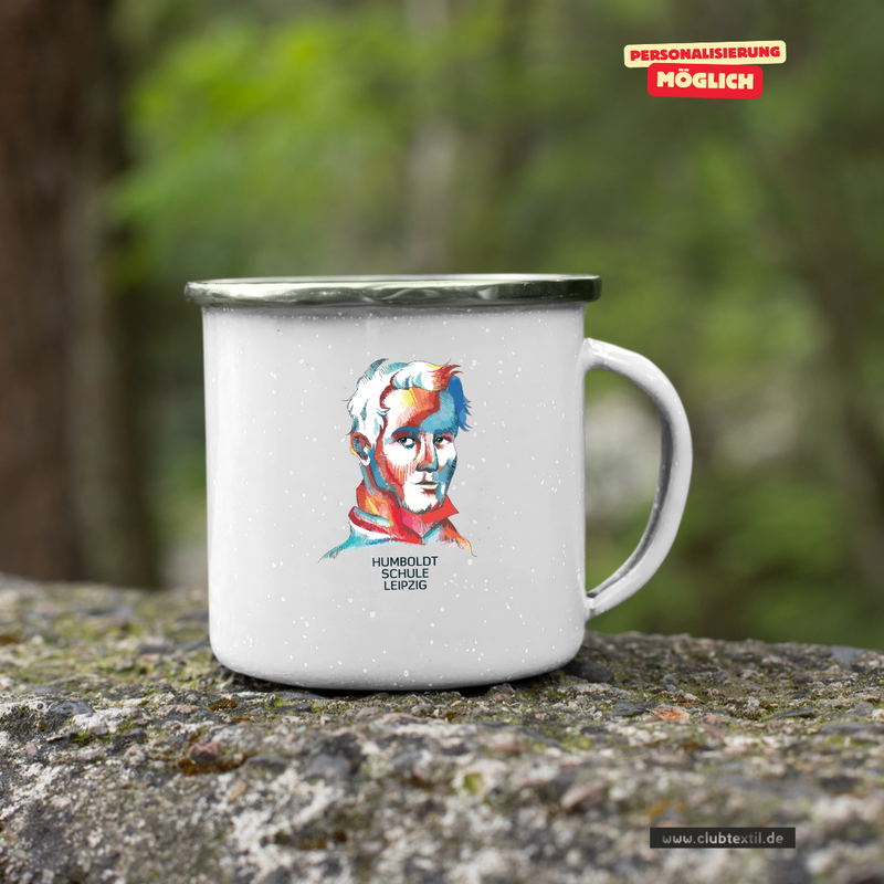 CT Emailletasse - weiß - Humboldtschule Leipzig - Illustration bunt