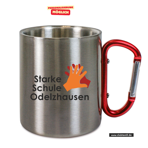 CT Edelstahl-Tasse mit Karabiner Trek - silber - Starke Schule Odelzhausen - Logo farbig