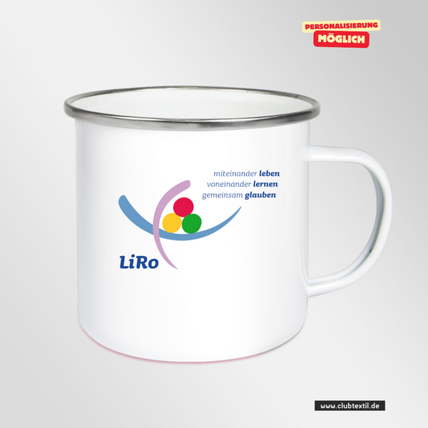CT Emailletasse - weiß - Lichtenstein-Rother-Grundschule Augsburg - Logo
