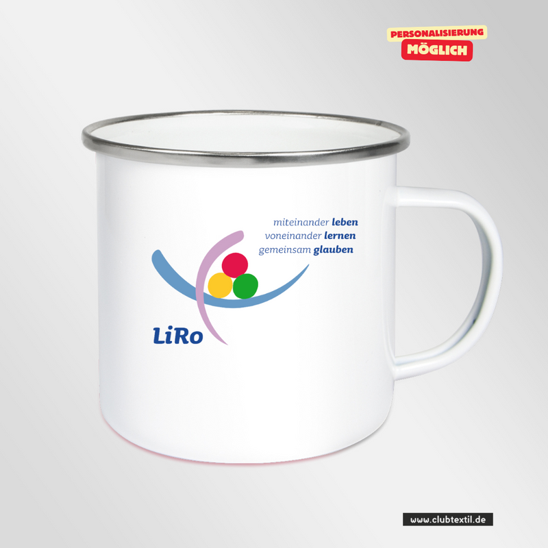 CT Emailletasse - weiß - Lichtenstein-Rother-Grundschule Augsburg - Logo