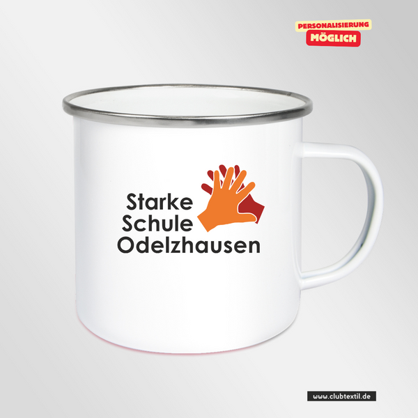 CT Emailletasse - weiß -  Starke Schule Odelzhausen - Logo