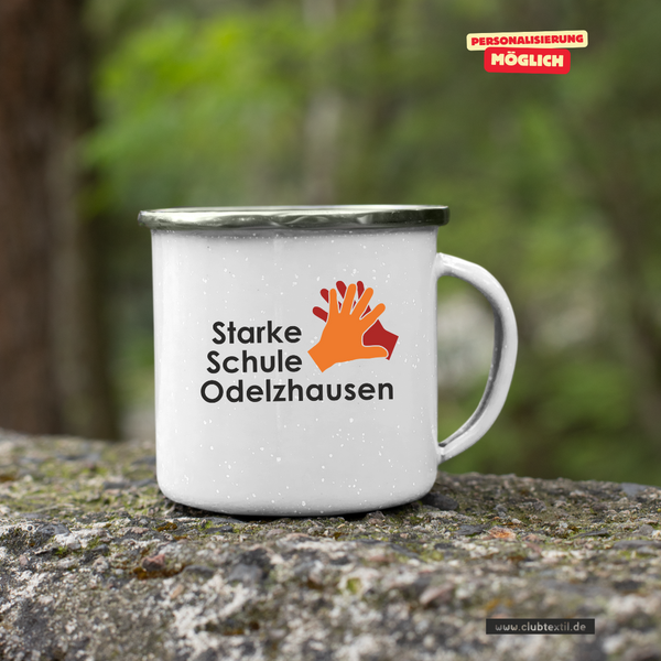 CT Emailletasse - weiß -  Starke Schule Odelzhausen - Logo