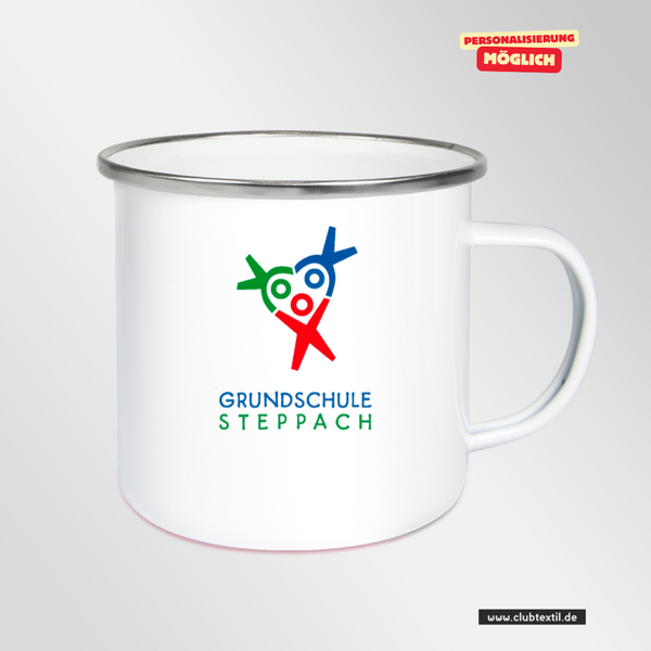 CT Emailletasse - weiß - Grundschule Steppach - Logo bunt