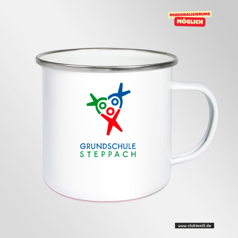 CT Emailletasse - weiß - Grundschule Steppach - Logo bunt