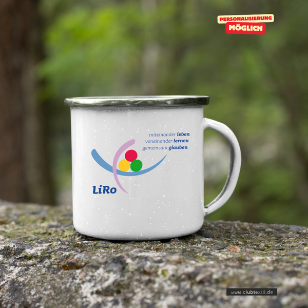 CT Emailletasse - weiß - Lichtenstein-Rother-Grundschule Augsburg - Logo