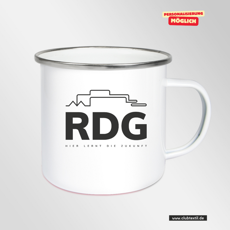 CT Emailletasse - weiß - Rudolf Diesel Gymnasium Augsburg - Schriftzug