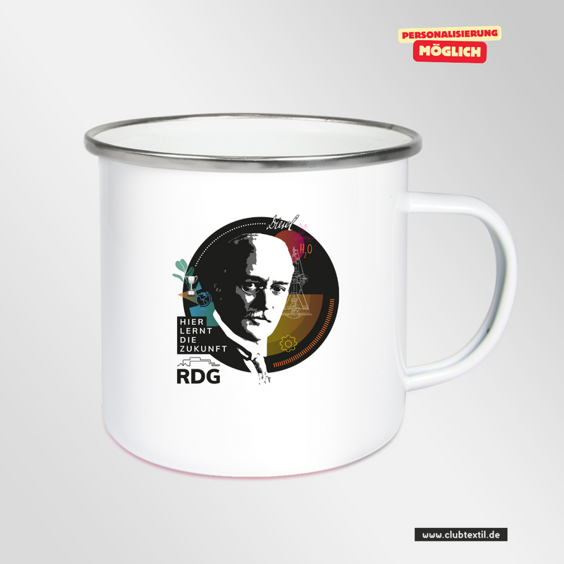 CT Emailletasse - weiß -  Rudolf Diesel Gymnasium Augsburg - Logo Kopf