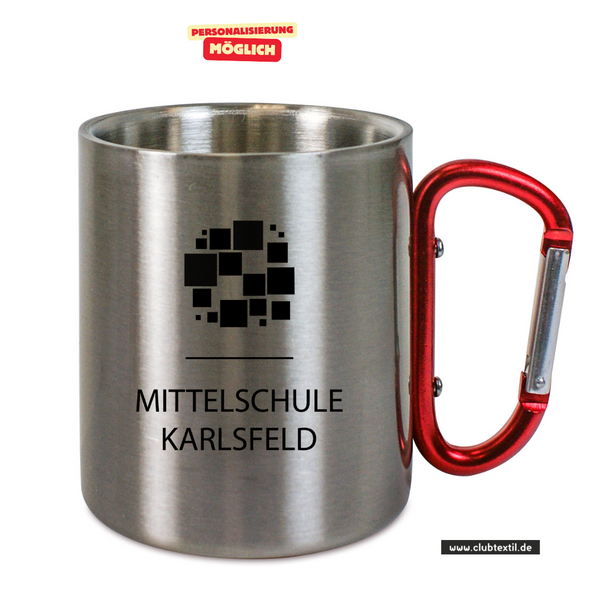 CT Edelstahl-Tasse mit Karabiner Trek - silber - Mittelschule Karlsfeld - Logo schwarz