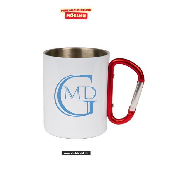 CT Edelstahl-Tasse mit Karabiner Trek - weiß - Marion-Dönhoff-Gymnasium - Logo blau