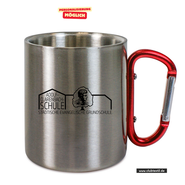 CT Edelstahl-Tasse mit Karabiner Trek - silber- Adolf-Clarenbach Schule Neuss - Logo