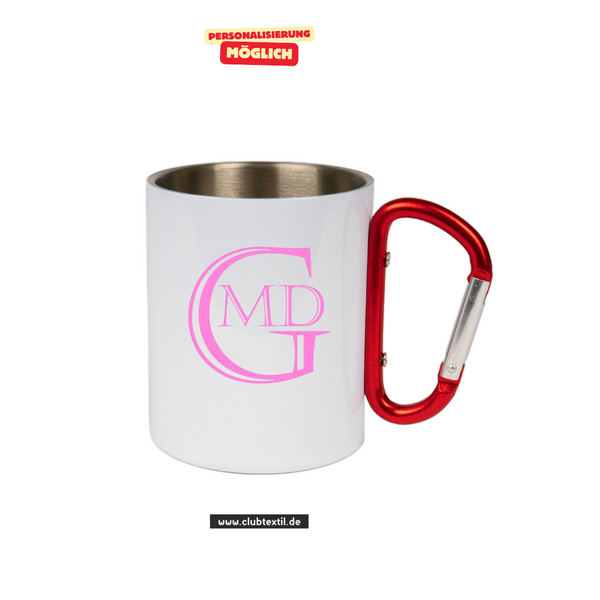 CT Edelstahl-Tasse mit Karabiner Trek - weiß - Marion-Dönhoff-Gymnasium - Logo rosa