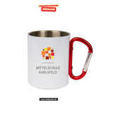CT Edelstahl-Tasse mit Karabiner Trek - weiß - Mittelschule Karlsfeld - Logo bunt