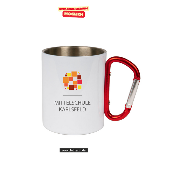 CT Edelstahl-Tasse mit Karabiner Trek - weiß - Mittelschule Karlsfeld - Logo bunt
