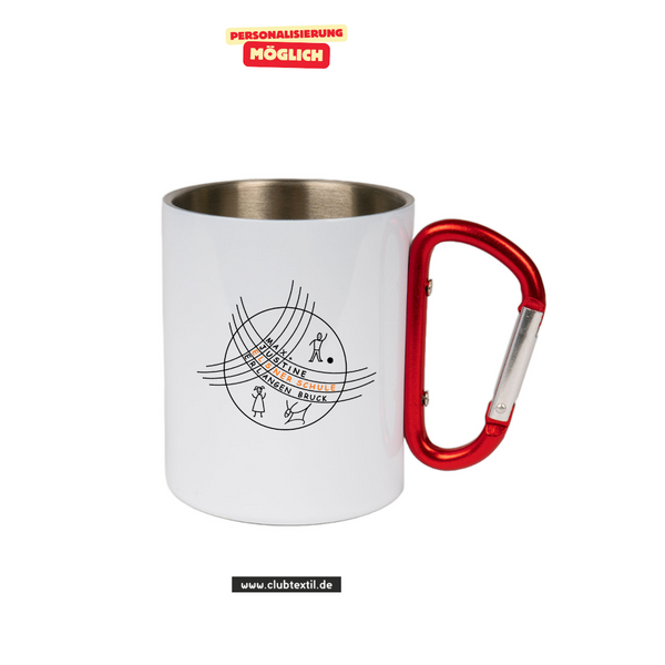 CT Edelstahl-Tasse mit Karabiner Trek - weiß - Max-und-Justine-Elsner-Schule - Logo