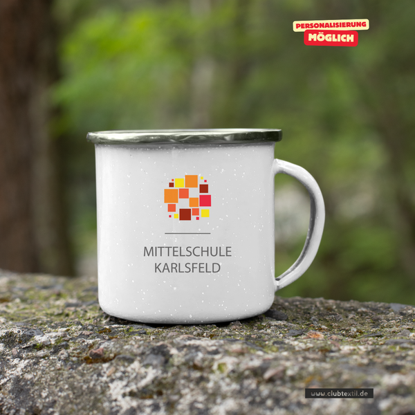 CT Emailletasse - weiß - Mittelschule Karlsfeld - Logo bunt