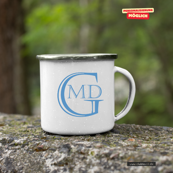 CT Emailletasse - weiß - Marion-Dönhoff-Gymnasium - Logo blau