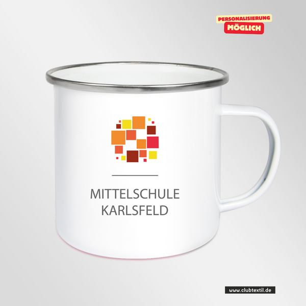 CT Emailletasse - weiß - Mittelschule Karlsfeld - Logo bunt