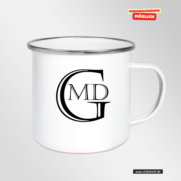 CT Emailletasse - weiß - Marion-Dönhoff-Gymnasium - Logo schwarz