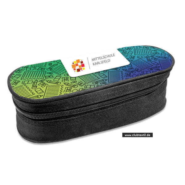 CT Stiftebox - blau - Mittelschule Karlsfeld - Logo bunt