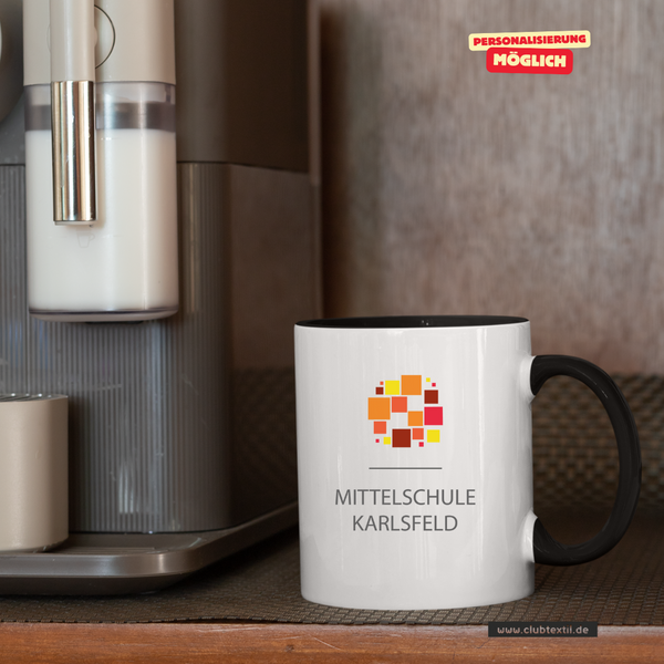 CT Tasse - schwarz - Mittelschule Karlsfeld - Logo bunt