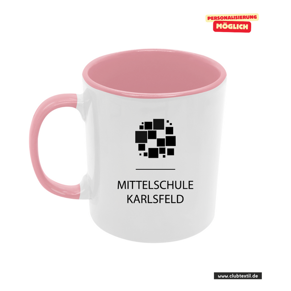 CT Tasse - rosa - Mittelschule Karlsfeld - Logo schwarz