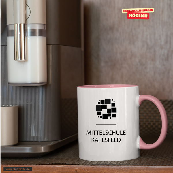 CT Tasse - rosa - Mittelschule Karlsfeld - Logo schwarz