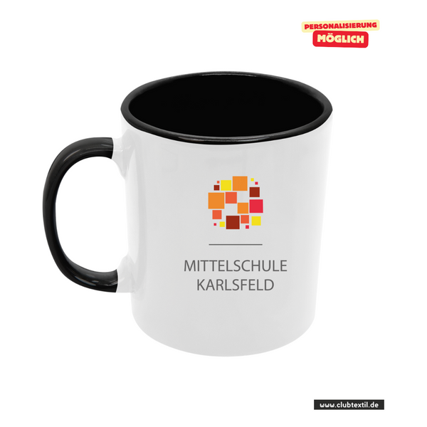 CT Tasse - schwarz - Mittelschule Karlsfeld - Logo bunt
