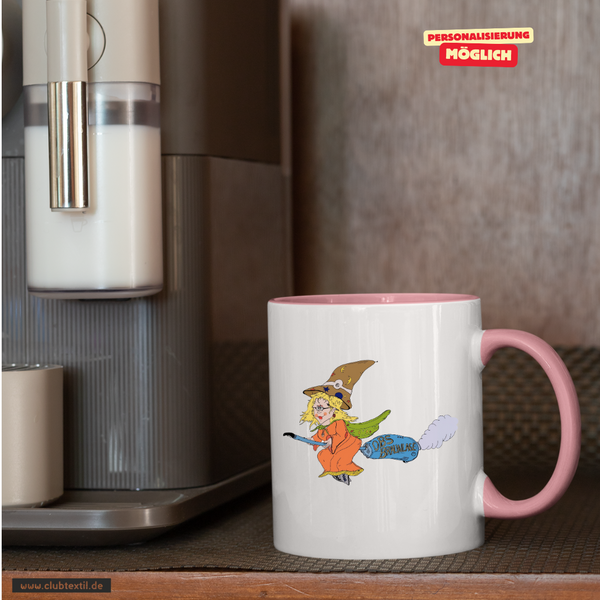 CT Tasse - rosa - Oberschule Braunlage - Logo Hexe bunt